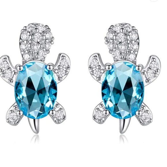 “Just Keep Swimming” Blue Turtle Diamond Earrings - Picture 8 of 8